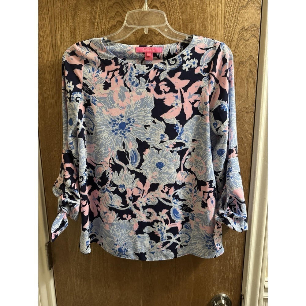 Lilly Pulitzer Langston Top In Bright Navy Pink Blue Size XXS Floral Tie Sleeves